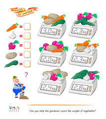 Math logic puzzle game for smartest. Can you help the gardener count the weight of vegetables? Solve examples and write the numbers. Find solution for all scales. Brain teaser book. Flat vector image