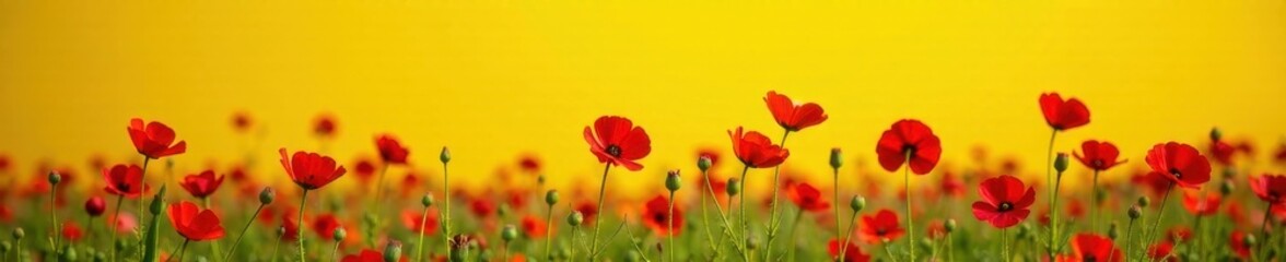 Fototapeta premium Field of scarlet globemallow flowers with yellow background, yellow, bloom, globemallow