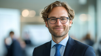 Fototapeta premium A middle-aged Caucasian businessman in glasses and a suit smiles confidently in a modern office with a blurred background, creating a professional and approachable image