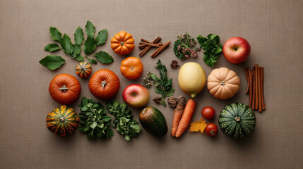 Autumn harvest flat lay with pumpkins apples and seasonal vegetables for fall decor