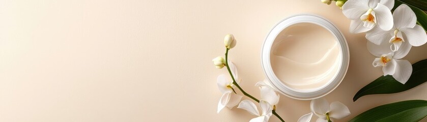 Moisturizing Cream in White Jar Surrounded by Elegant White Orchids on Soft Beige Background