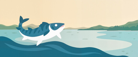 Naklejka premium Fish jumping over water against a serene landscape 
