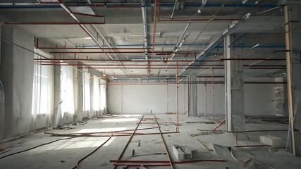 Construction progress highlights spacious interior with exposed plumbing and electrical systems