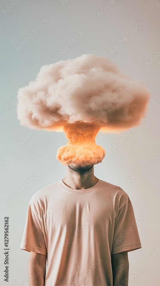Aufkleber Man suffering from information overload and stress, experiencing a head explosion visualized as an atomic bomb cloud, representing mental health issues and burnout