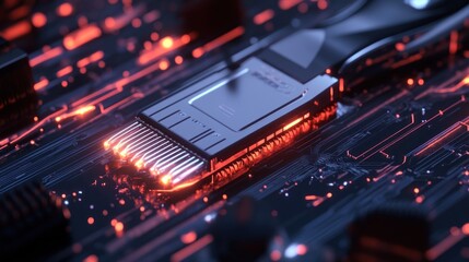 Obraz premium Network cable connector glowing on circuit board