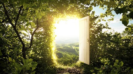 Ajar wooden doorway amid verdant foliage leading to a luminous landscape