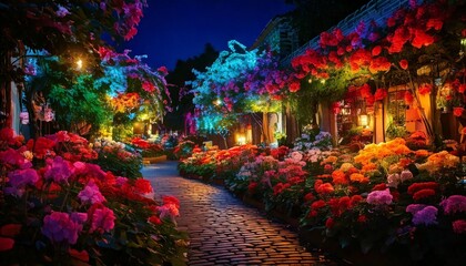 Ultimate Night Garden on cobblestone walk