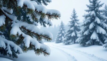 Obraz premium Snow-covered pine branches in a serene landscape, cold, winter