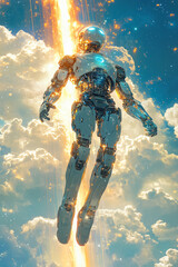 Fototapeta premium Futuristic Cybernetic Robot Hovering in a Sci-Fi Sky
