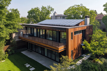 Modern sustainable house with rooftop solar panels surrounded by greenery for eco-friendly energy efficiency