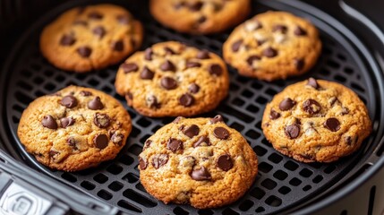 Freshly baked chocolate chip cookies cooling in an air fryer with a warm kitchen background