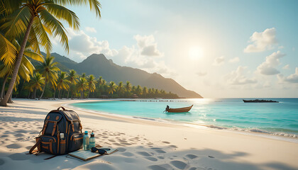 Breathtaking Tropical Beach with Wooden Boat Scenic, Beach with Turquoise Water and White Sand