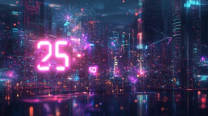 Fototapeta premium Neon 25 Countdown, futuristic city, fireworks, digital art