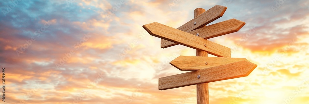 Poster wooden signpost with multiple arrows pointing in different directions against a beautiful sunset sky