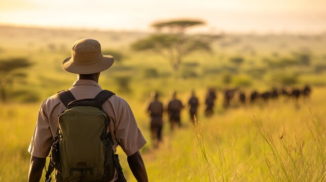 Fototapeta African safari guide leads tour, sunrise vista, wildlife viewing