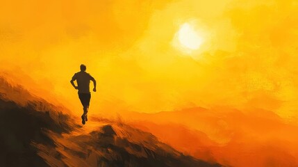 Runner on Hilltop Against Sunset Sky with Warm Orange Hues