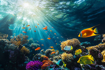 Fototapeta premium Vibrant underwater coral reef ecosystem with tropical fish and sunlight rays creating a stunning marine scenery