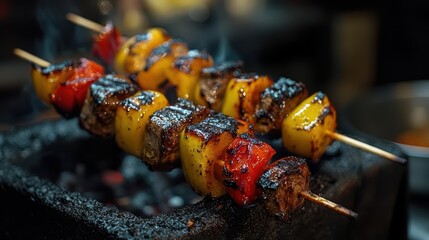 Grilling juicy kebabs outdoor barbecue food photography smoky atmosphere close-up shot culinary art