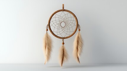 Beige Dream Catcher with Fluffy Feathers on White Background