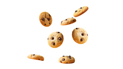 Fototapeta premium Chocolate Chip Cookies Falling Mid-Air, Perfectly Positioned with a Transparent Background for Creative Designs