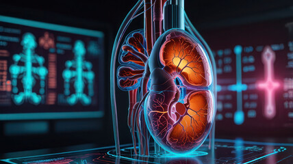 Futuristic Medical Technology With 3d Kidney Visualization And Renal System Diagram Background