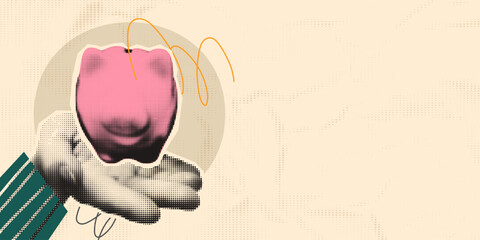 Hand holding pink piggy bank, money and financial savings concept. Trendy halftone art collage banner template, cut out elements and paper dotted texture. Modern retro mixed media vector illustration