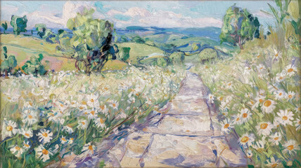 spring landscape with flowers and grass  impressionistic painterly style loose painting	
