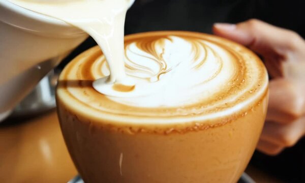 pouring latte art in a coffee glass