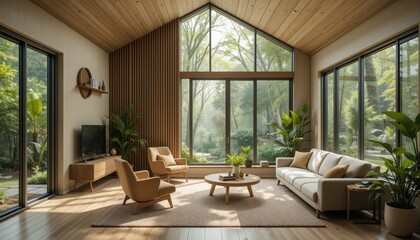 Obraz premium Sunlight streams through large windows, illuminating a cozy living area adorned with plants and stylish furniture, offering a peaceful escape. The indoor space feels alive with nature