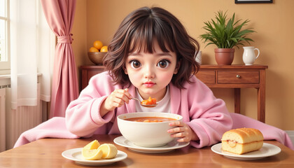Kawaii girl enjoying hot soup at cozy table, warmth and comfort