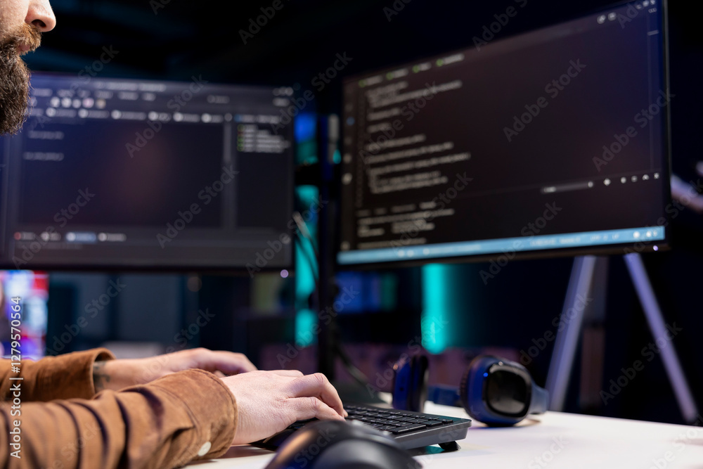 Poster programmer typing lines of code using keyboard, filtering malicious traffic from cybercriminals atte