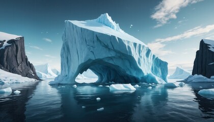 A magnificent iceberg looms over still waters, creating a breathtaking arch that reflects the soft hues of early morning light. Surrounding cliffs provide a stark contrast to the icy blue