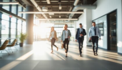 Four business professionals stride purposefully through a modern office filled with natural light, ready to engage in discussions that drive innovation and creativity in their company