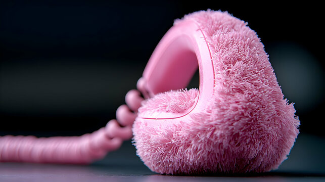 Pink fluffy retro phone, dark background, communication concept
