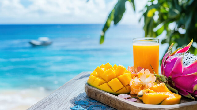 Tropical breakfast with fresh mango and juice by the beach