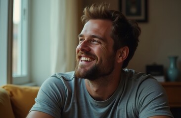 Fototapeta premium A young man with a joyful expression sits on a comfortable couch, basking in the soft sunlight streaming through the window, highlighting a tranquil moment of bliss