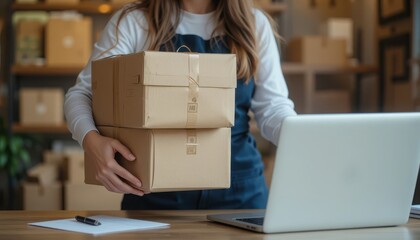 Amidst a warm and inviting workspace filled with boxes, a person carries two neatly wrapped packages, focused on managing shipping tasks efficiently and creatively