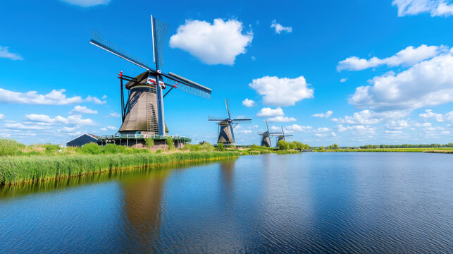Traditional windmills in scenic kinderdijk landscape under blue sky