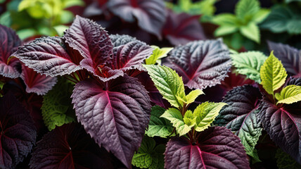 Pattern of purple and some green coleus plant leaves in a house garden exposed with sunlight. can be used as wallpaper background.