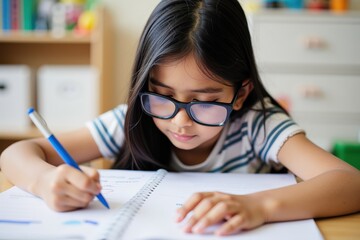 Young South Asian Girl, Approximately 8 Years Old, Intently Doing Homework at a Wooden Desk in a Brightly Lit Room Filled with Educational Materials