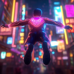 Falling Through Neon City at Night Digital Wireframe Figure in Vibrant Pink and Blue Lights