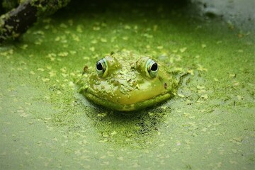 A frog with algae and duckweed stares at the viewer.