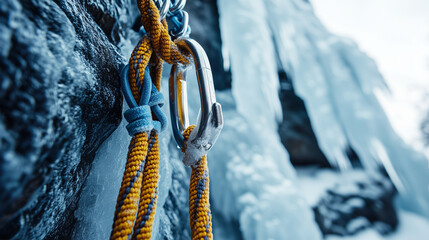 Frozen ropes and carabiners attached to an ice-covered rock, used for safety on the climb