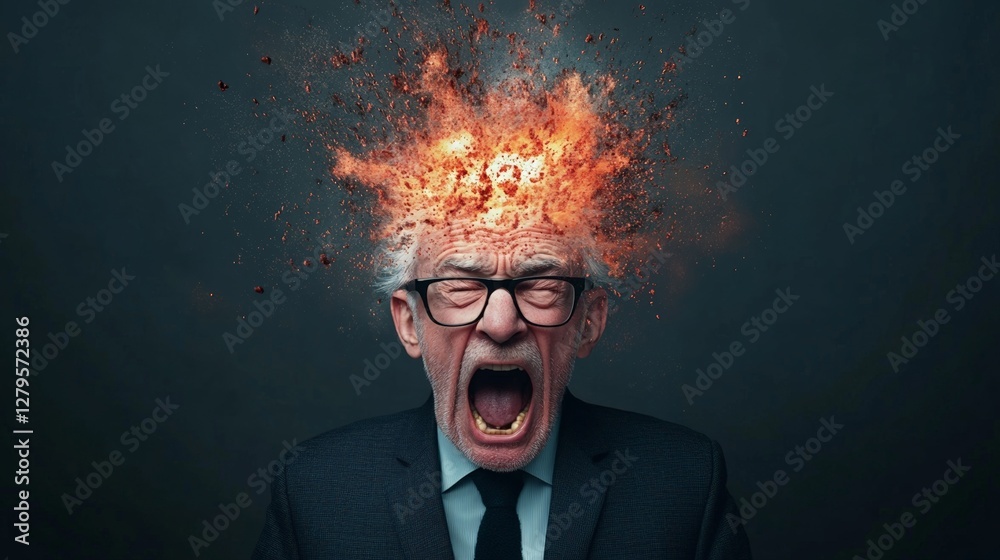 Aufkleber Senior businessman screaming with exploding head from information overload and burnout, experiencing a mental health crisis and suffering from stress and dementia