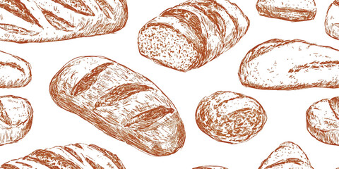 Hand drawn seamless pattern of bread and bakery products. Baked goods background, doodle beige seamless pattern. Vector background, Wallpaper for bread and confectionery