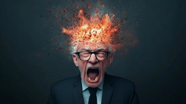 Senior businessman screaming with exploding head from information overload and burnout, experiencing a mental health crisis and suffering from stress and dementia