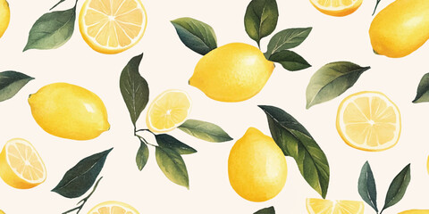 Tropical seamless vector pattern with yellow lemons. Fruit repeated background. Vector illustration for design and print, Design element for wrapping, wallpaper, banner background