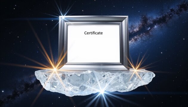 certificate in silver frame floating on crystal block with cosmic background, futuristic academic recognition and achievement