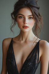 Elegant Fashion Model in Black Dress with Serene Expression in Studio Photography