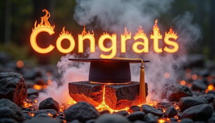 graduation cap on volcanic stones with glowing congrats text and fiery flames, intense and powerful academic achievement celebration